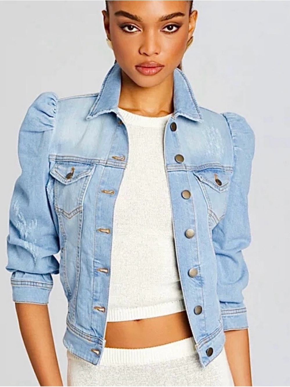 Retrofête Ada Denim Puff Shoulder Jean Jacket | Light Blue Stone | Size S | NWOT